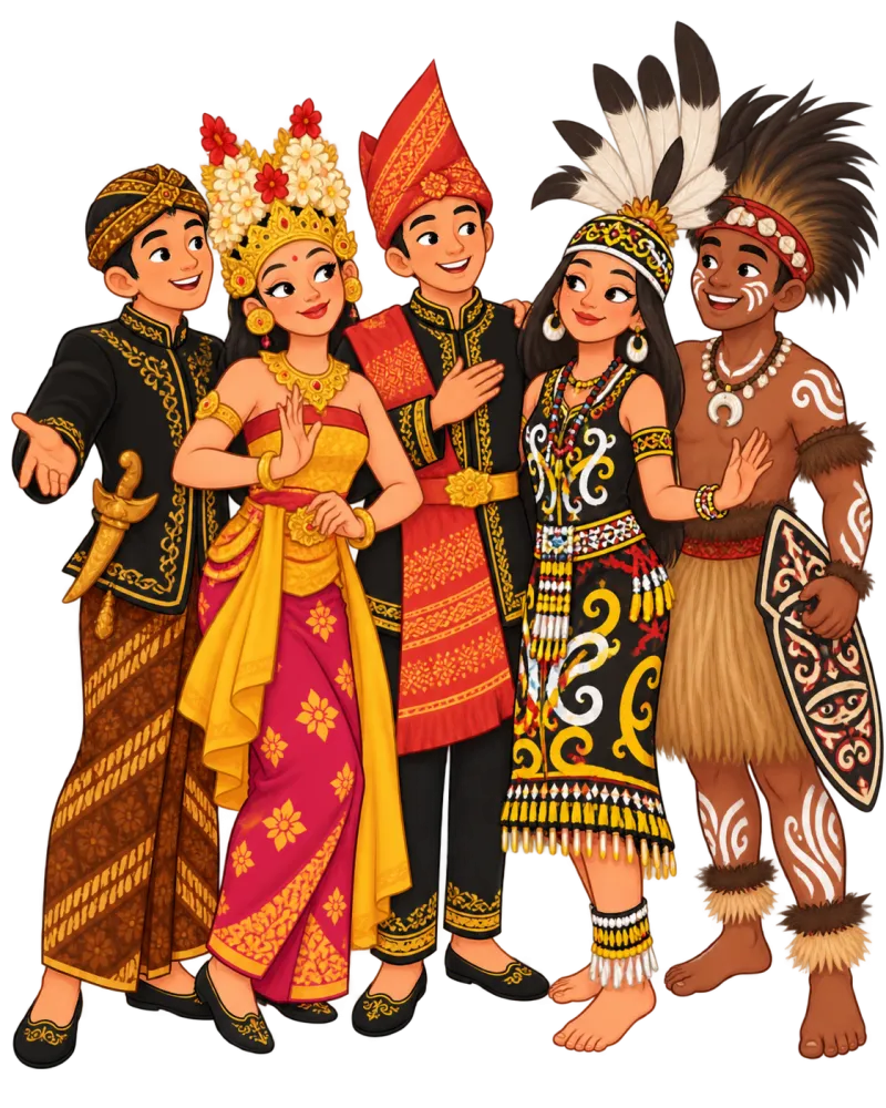 Lima anak muda berpakaian adat Nusantara — talenta dari berbagai budaya